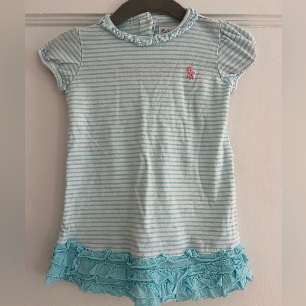 Ralph Lauren, Aqua Striped Cotton Baby Dress with Pink Logo, 9M